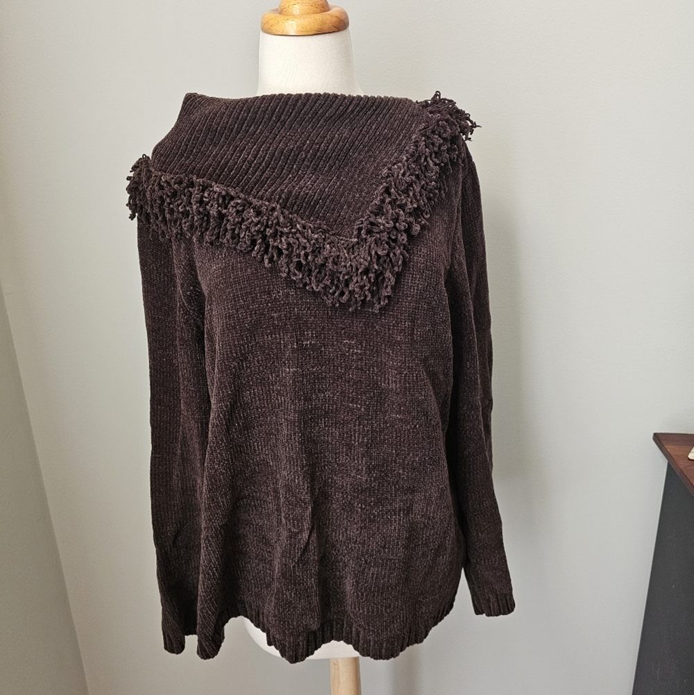 VTG Hampshire Studio Chenille Fringe Cowl Sweater XL Brown
